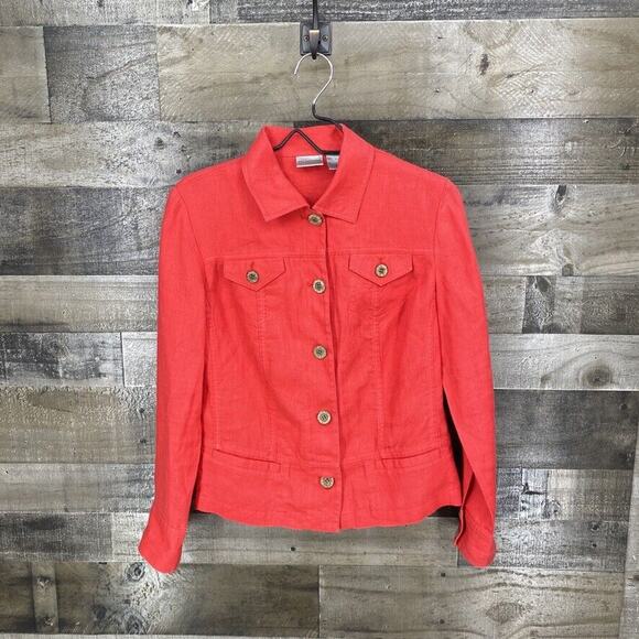 Chico’s Women’s Button Down Collared Jacket Size 0/M/4 Red 100% Linen Shacket - Picture 2 of 6